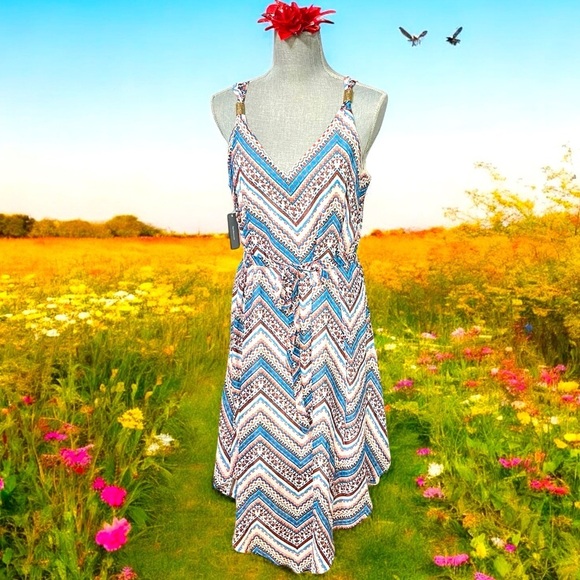 Halo Chevron Patterned Sleeveless Dress, Red, white and blue with Tie sash Sz M - Picture 1 of 12